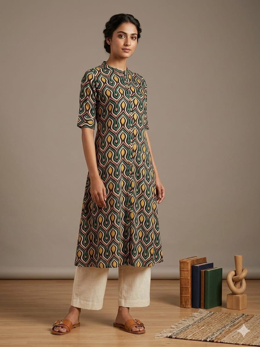 Women's Geometric Print A-Line Kurti – Mandarin Collar Ethnic Wear