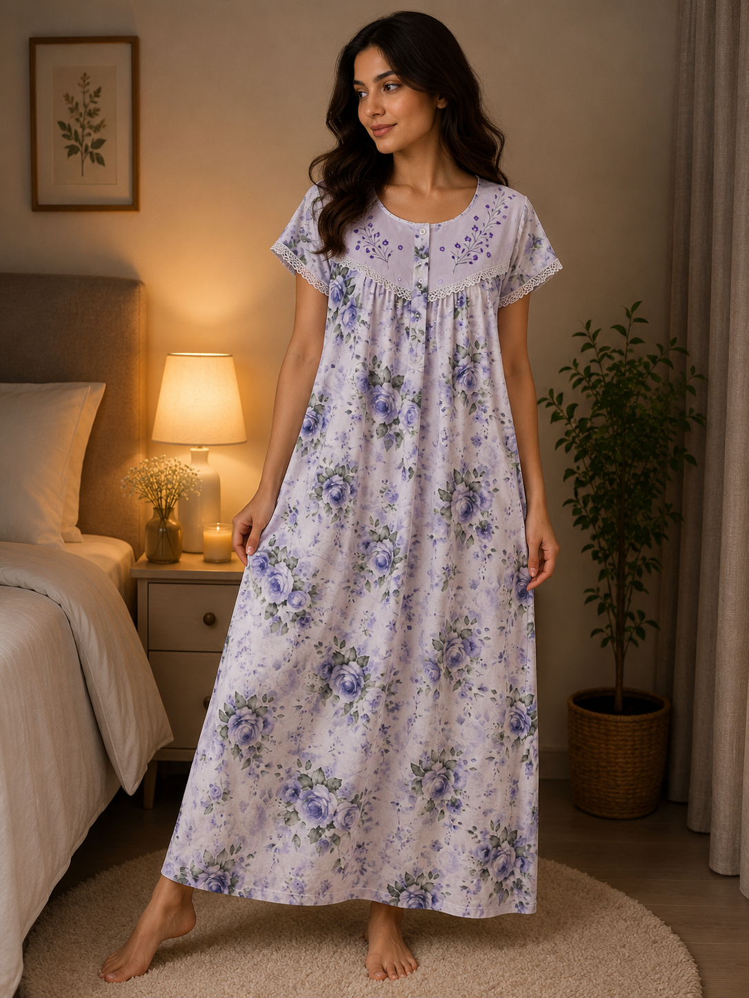 Women's Printed Embroidered Nighty – Soft Comfortable Sleepwear