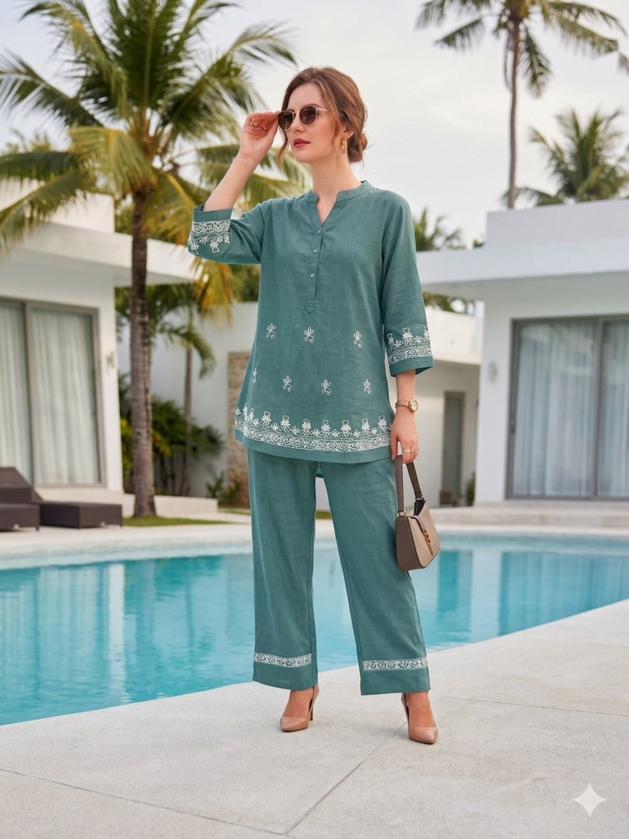 Women's Armani Linen Co-ord Set – Embroidered Plus Size Ethnic Matching Set