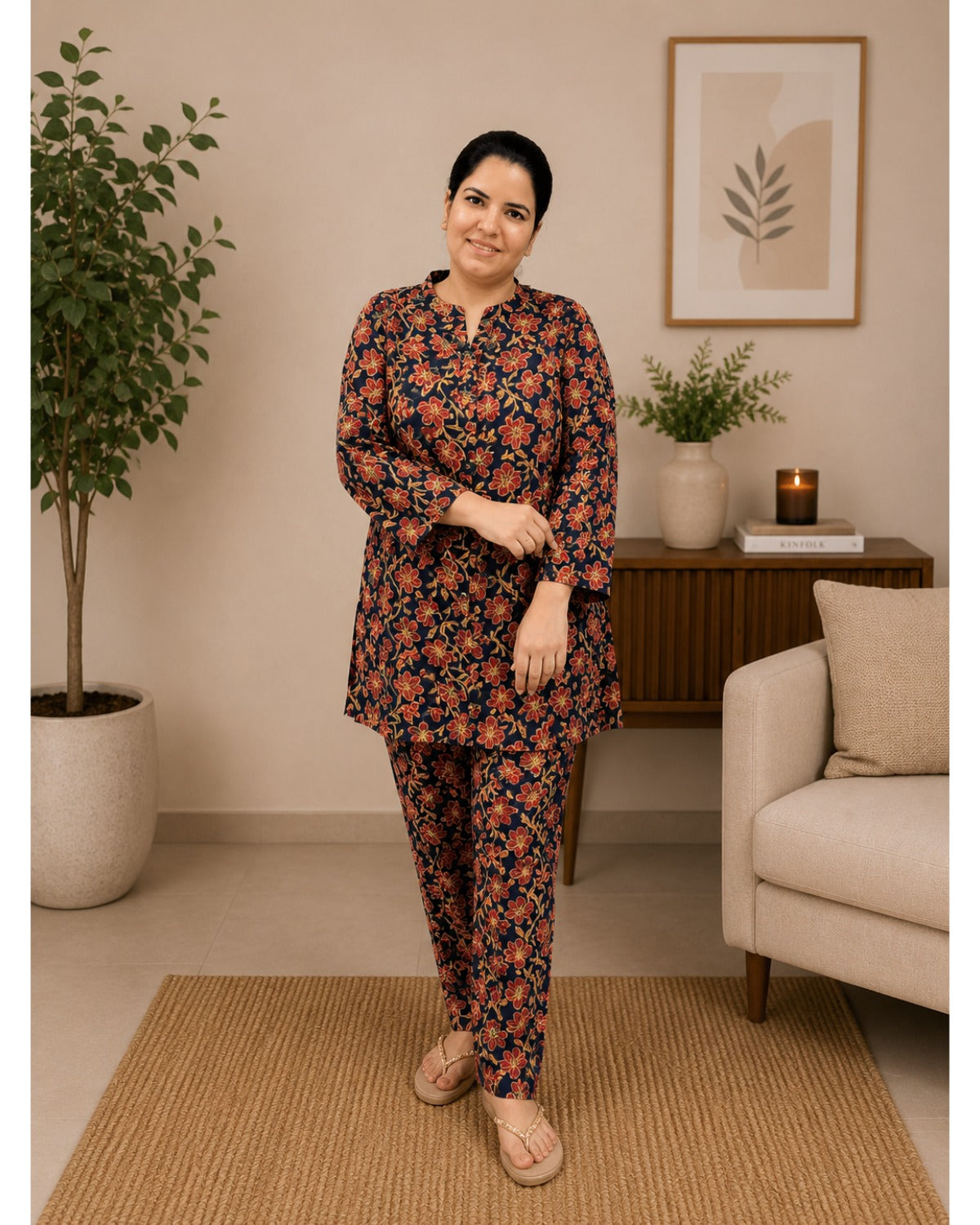 Navy Blue Cotton Co-ord Set for Women – Breathable Ethnic Two-Piece