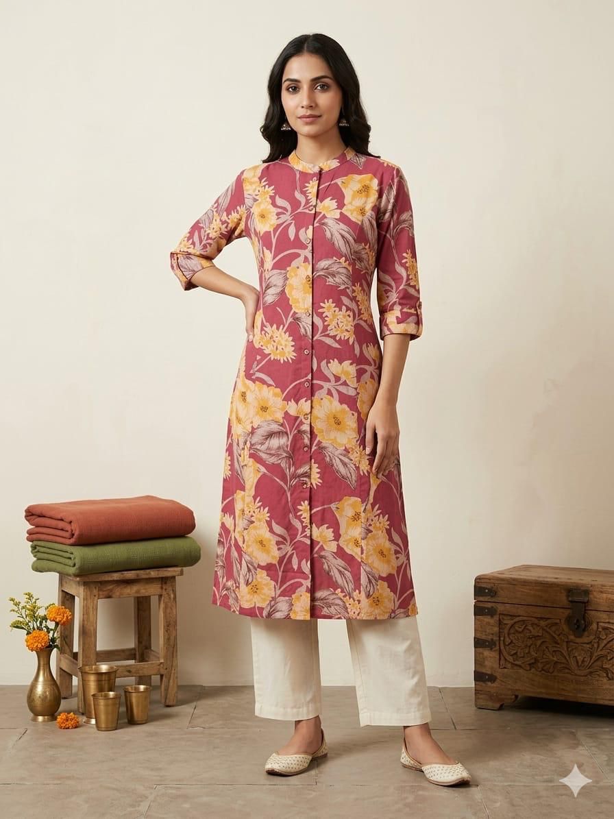 Women's Elegant A-Line Princess Cut Kurti – Festive & Casual Cotton Ethnic Wear