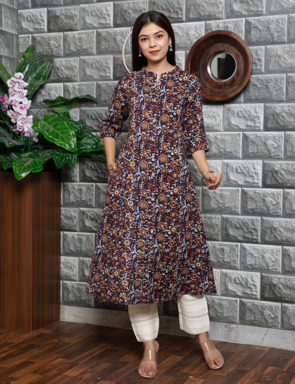 Women's A-Line Princess Cut Cotton Kurti – Band Neck Ethnic Wear with Pocket
