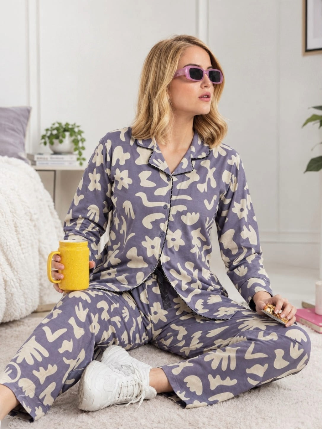 Moonlit Front-Open Collar Cotton Hosiery Night Suit – 2XL
