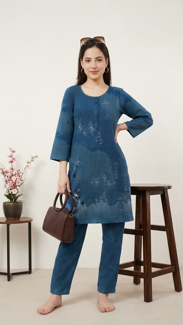 Sapphire Garden Malai Sinker Kurta Set (Floral Detailing) – Refined Ethnic Style | Size 3XL