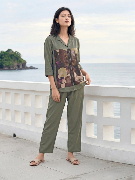 Canvas Story Collage Print Co-ord Set (3/4 Sleeves) – Cocoa Brown & Olive Green | Size L