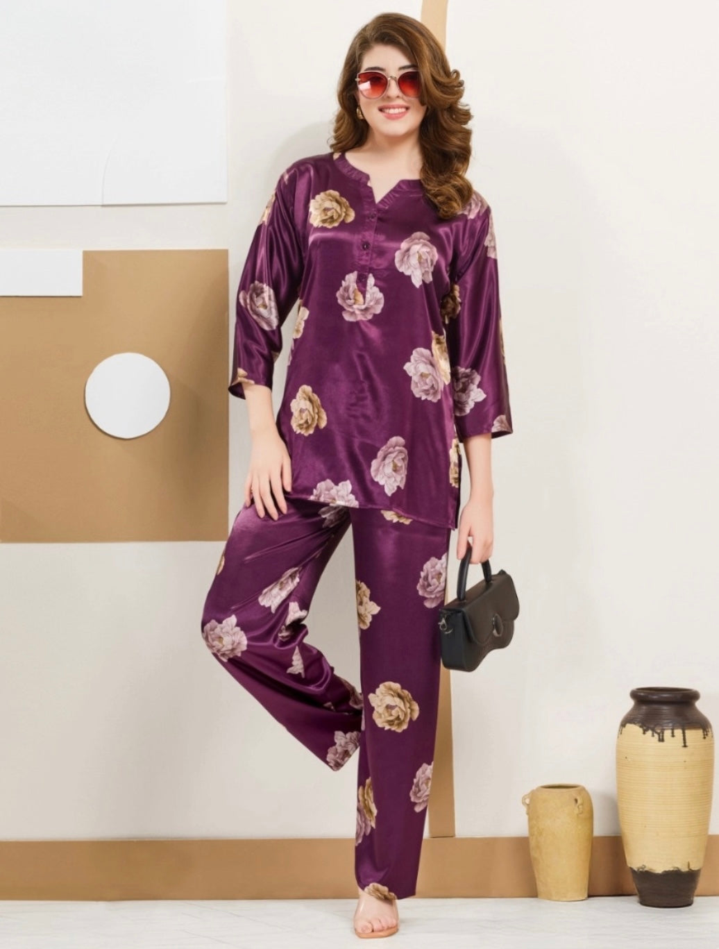 Women's Wine Purple Floral Satin Co-ord Set – Long Top & Straight Pants
