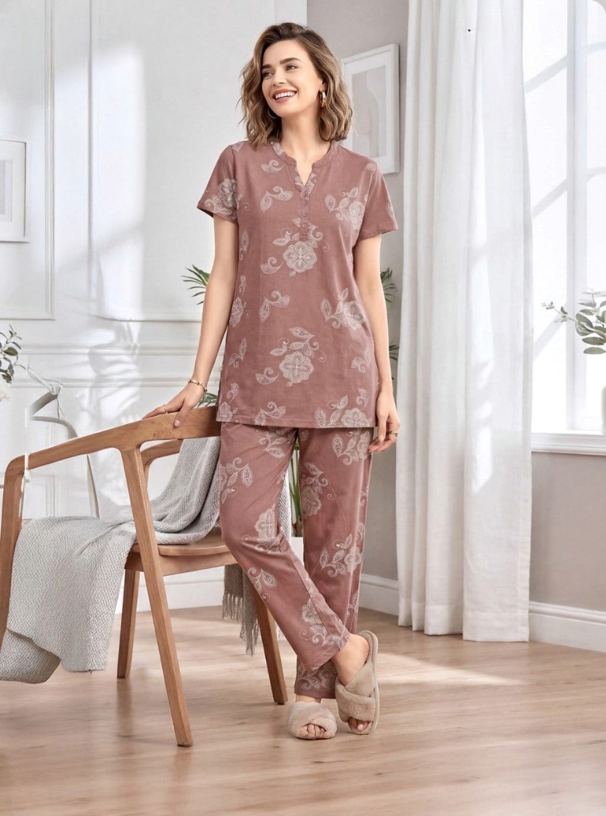 Hosiery Semi Long Night Suit | Plus Size XXL–5XL | Women's Nightwear