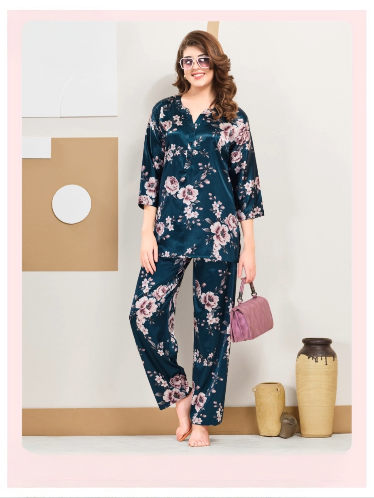 Women's Navy Blue Floral Satin Co-ord Set – 3/4 Sleeve Top & Pants