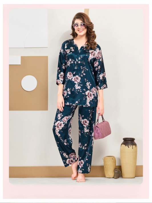 Elegant Floral Satin Night Suit Co-ord Set
