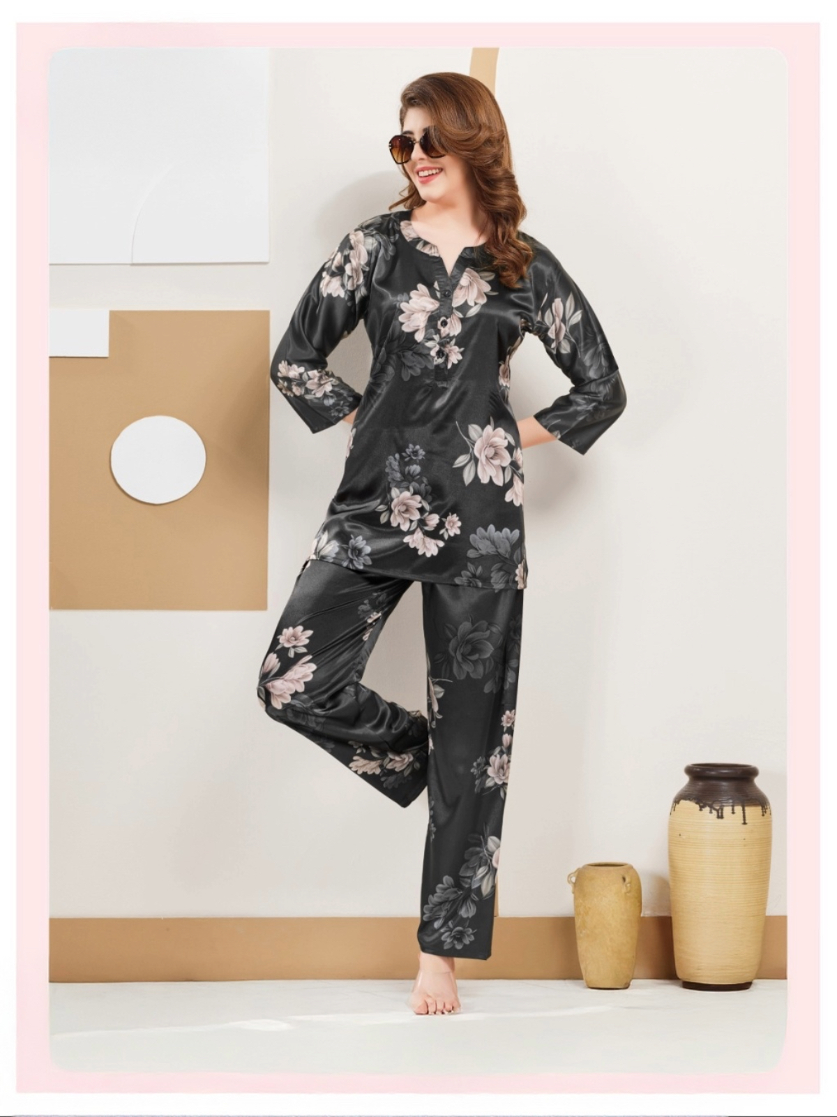 Women's Black Floral Satin Co-ord Set – Long Top & Straight Pants