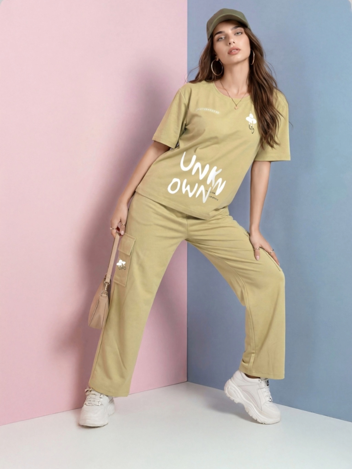 Women's Urban Olive Typography Co-ord Set – Soft Tensile Fabric