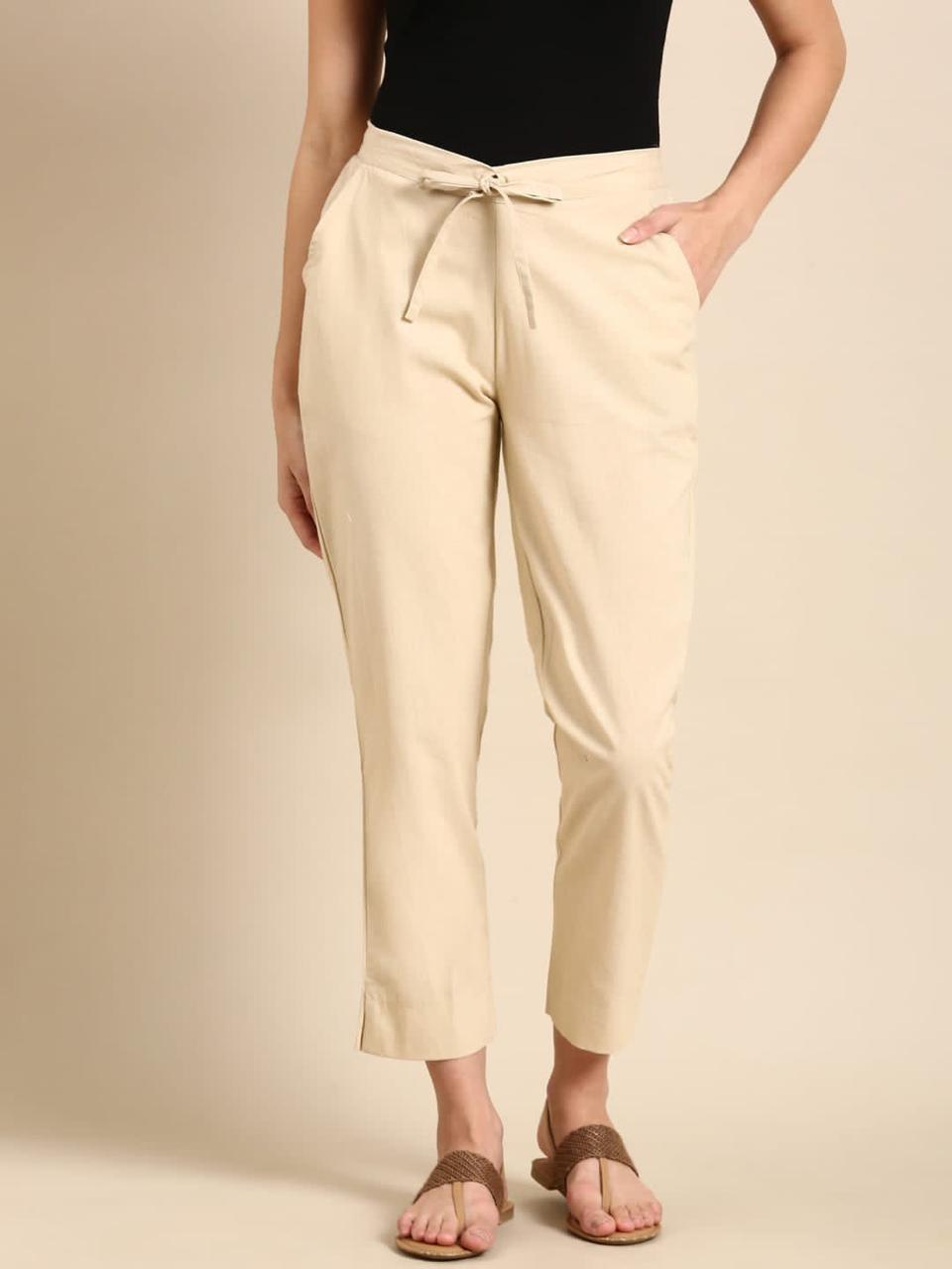 Women's Beige Cotton Pants – Soft Neutral Everyday Ethnic Wear
