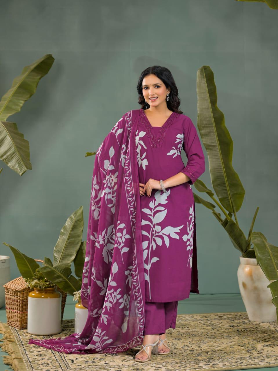 Women's 3-Piece Cotton Suit – Kurti, Dupatta & Pant Ethnic Set