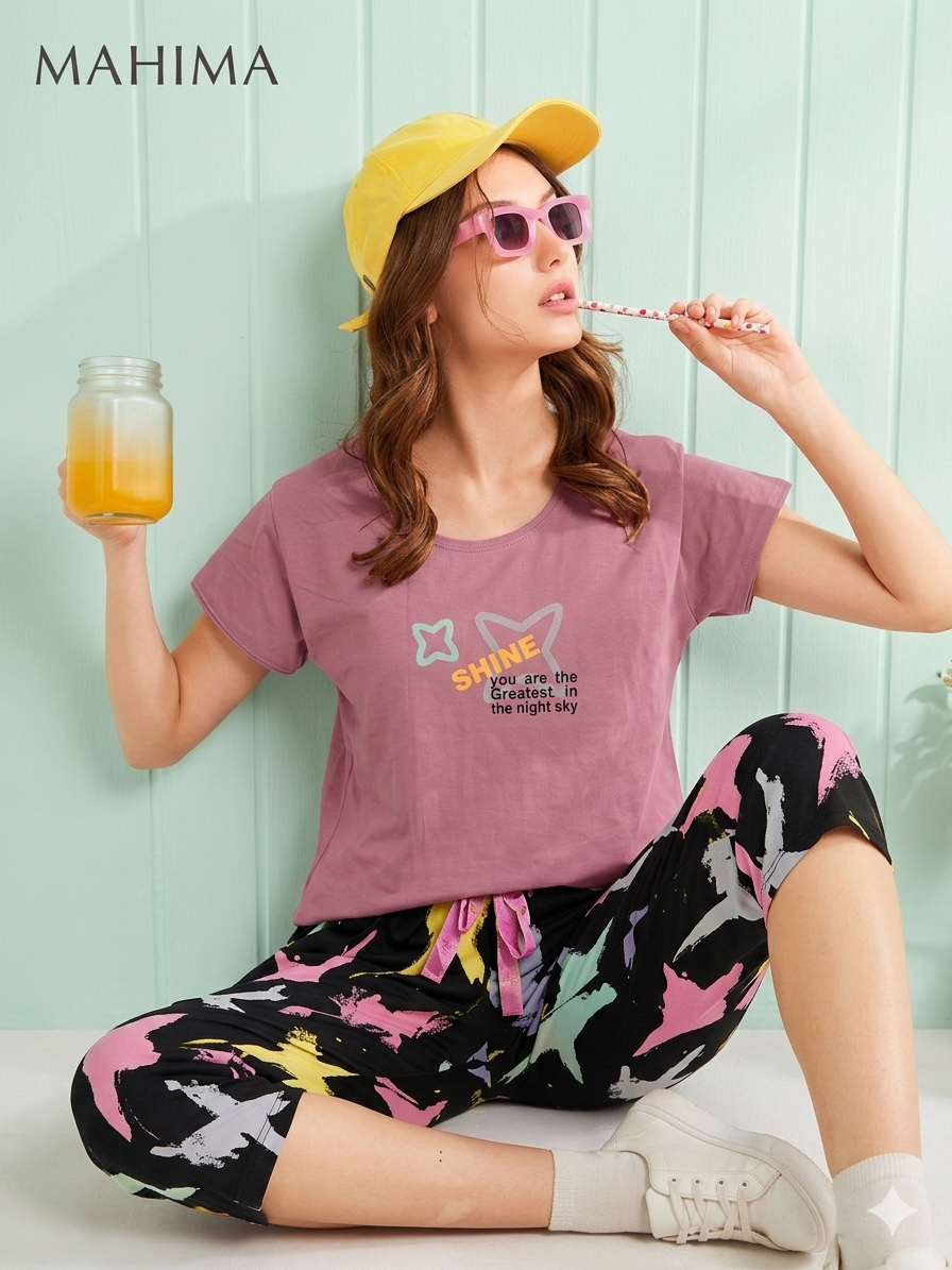 Women's Multi-Colour Hosiery Capri Night Suit – Modern Breathable Loungewear
