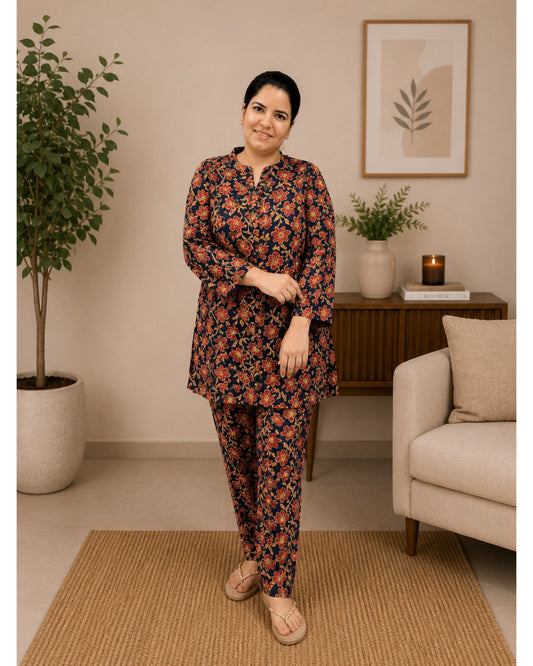 Navy Blue Cotton Co-ord Set for Women – Breathable Ethnic Two-Piece