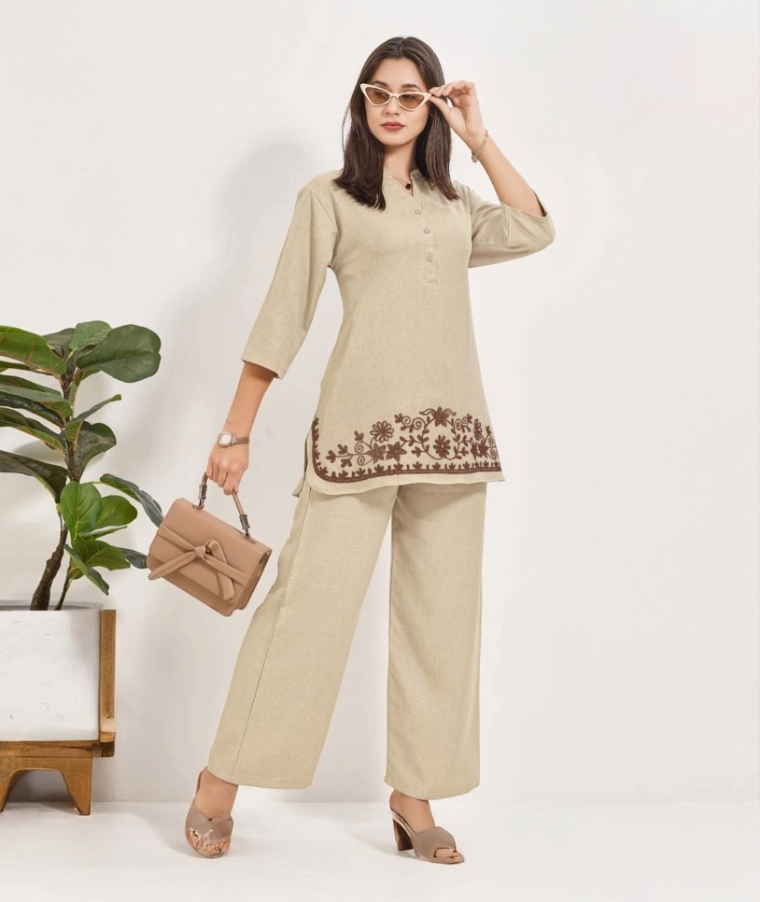 Women's Plus Size Embroidered Linen Co-ord Set – Elegant Ethnic Matching Set