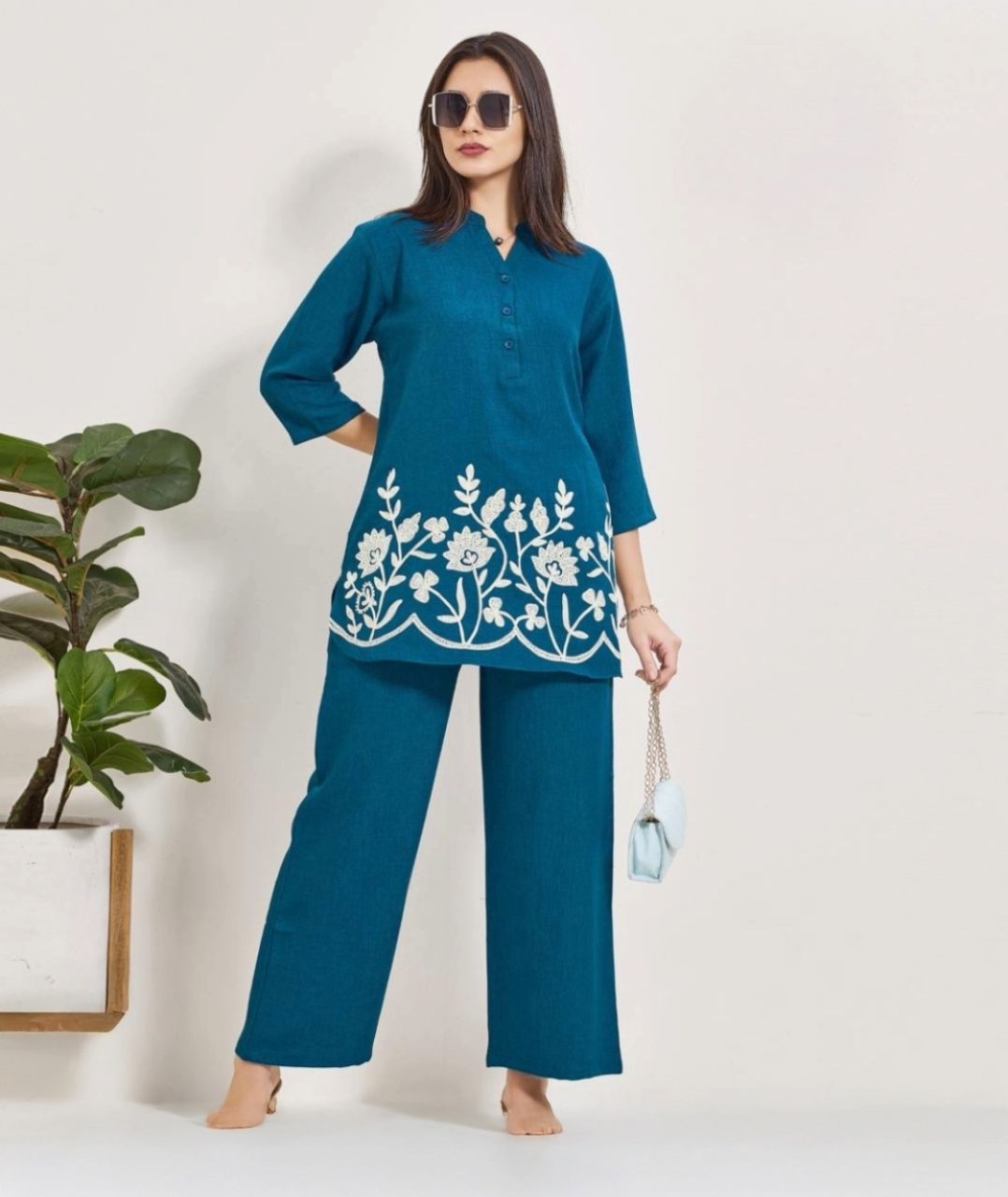 Women's Embroidered Linen Co-ord Set – Breathable Ethnic Matching Set for Summer