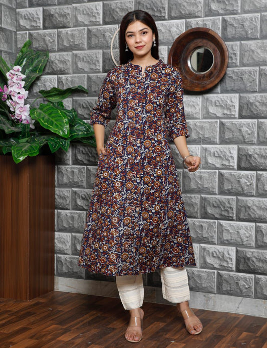 Women's A-Line Princess Cut Cotton Kurti – Band Neck Ethnic Wear with Pocket