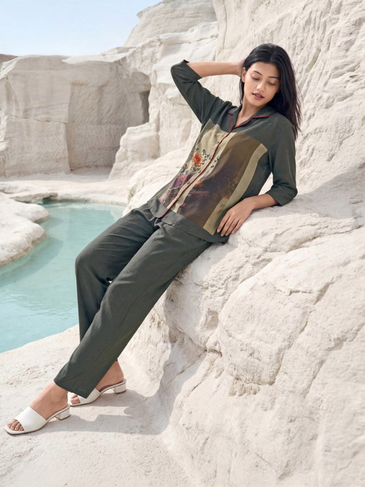 Dark Olive Floral Co-ord Set (3/4 Sleeves) – Breezy Resort Look | Size M