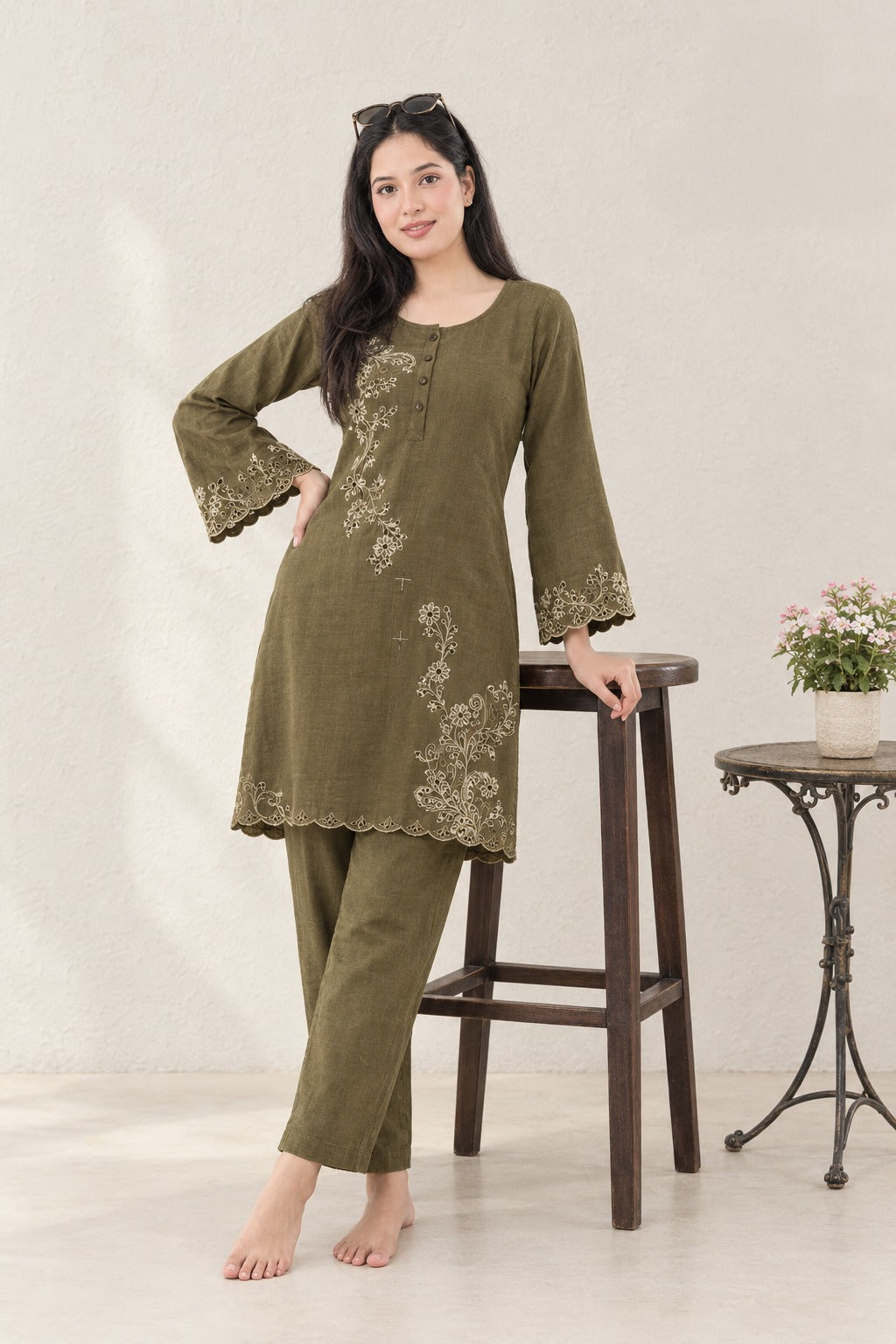 Olive Vine Malai Sinker Kurta Set (Botanical Detailing) – Refined Ethnic Style | Size 3XL