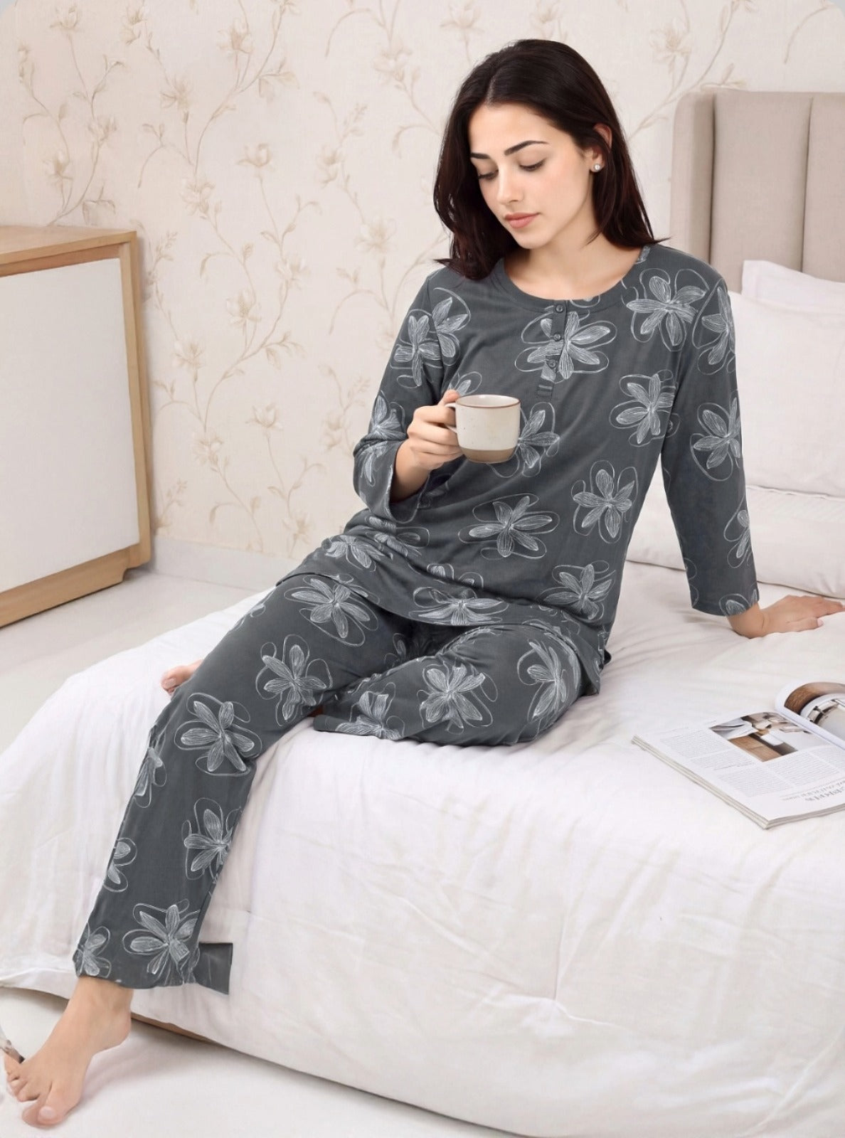 Cotton Hosiery Night Suit (Duskbloom Semi Long Print) – Easy Comfort | XL to 3XL