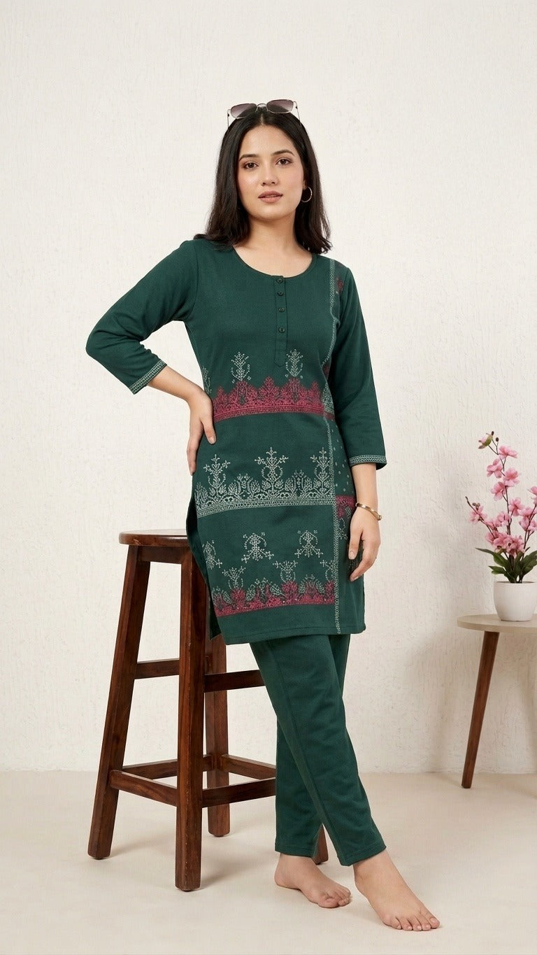 Emerald Tapestry Malai Sinker Kurta Set (Patterned Detail) – Refined Ethnic Style | Size 3XL