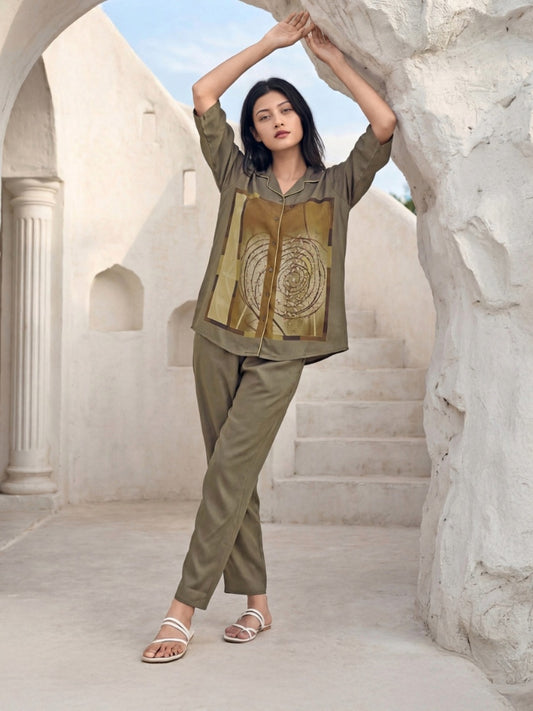 Olive Printed Co-ord Set (Half Sleeves) – Soft Everyday Comfort | M, L & XL