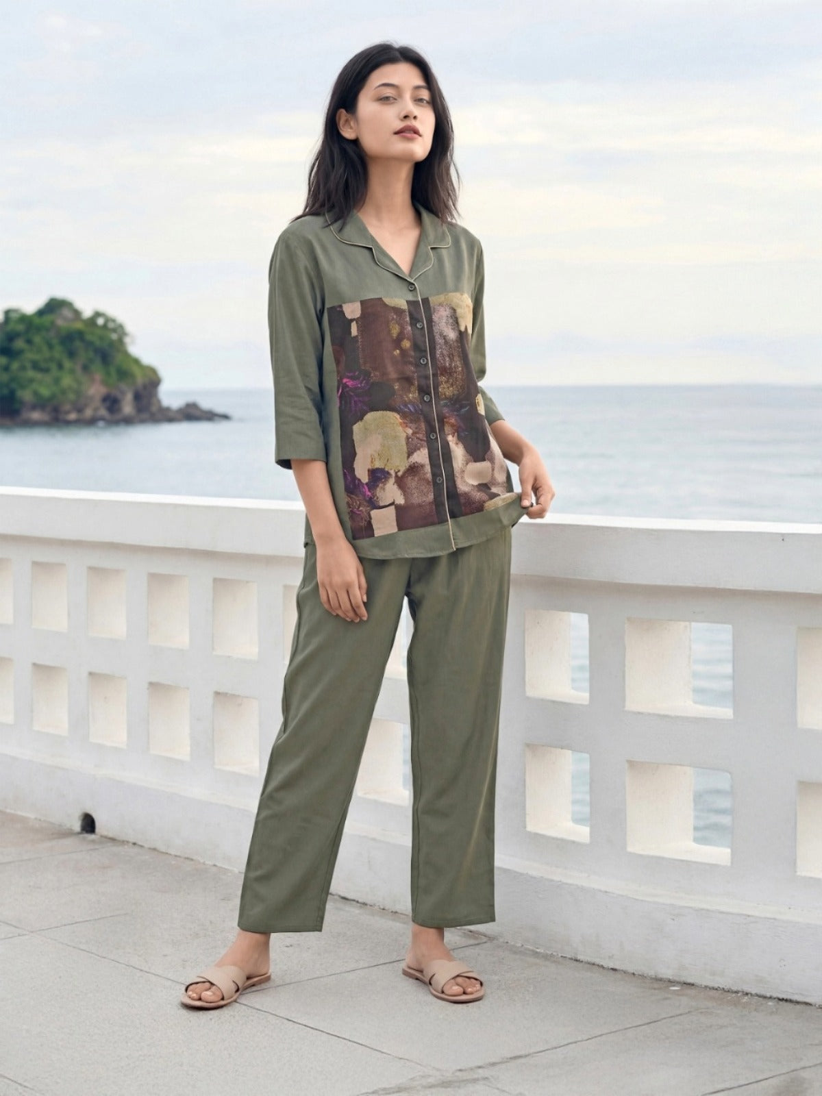 Canvas Story Collage Print Co-ord Set (3/4 Sleeves) – Cocoa Brown & Olive Green | Size L