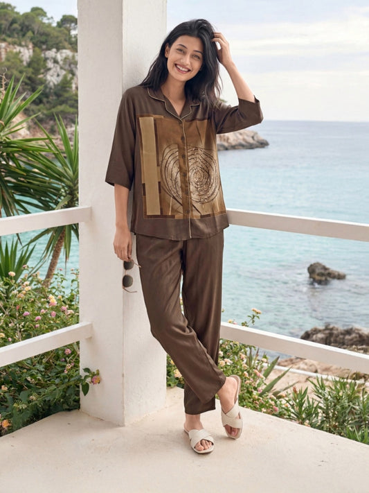 Coffee Brown Golden Print Co-ord Set (Half Sleeves) – Easy Holiday Style | Size XL