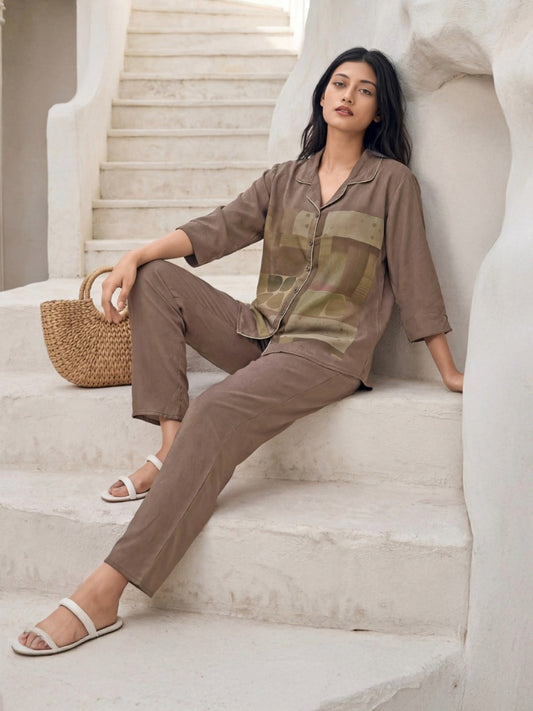 Urban Mosaic Geometric Print Co-ord Set (3/4 Sleeves) – Taupe Brown & Olive Green | Size L