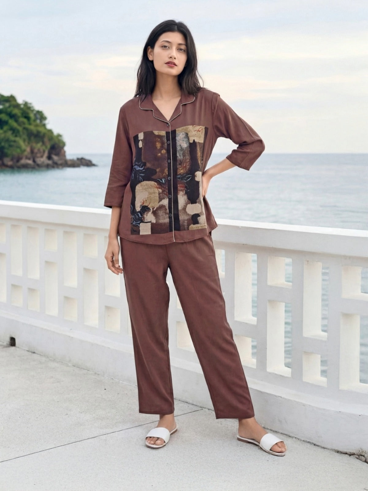 Canvas Story Collage Print Co-ord Set (3/4 Sleeves) – Cocoa Brown & Olive Green | Size L