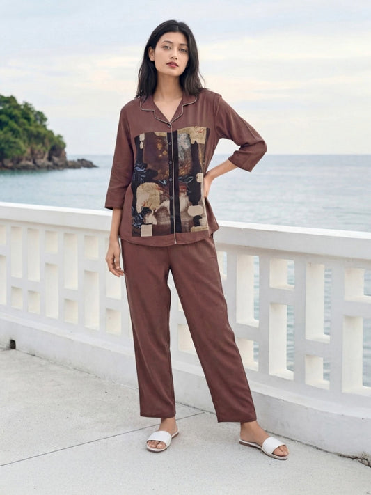 Canvas Story Collage Print Co-ord Set (3/4 Sleeves) – Cocoa Brown & Olive Green | Size L